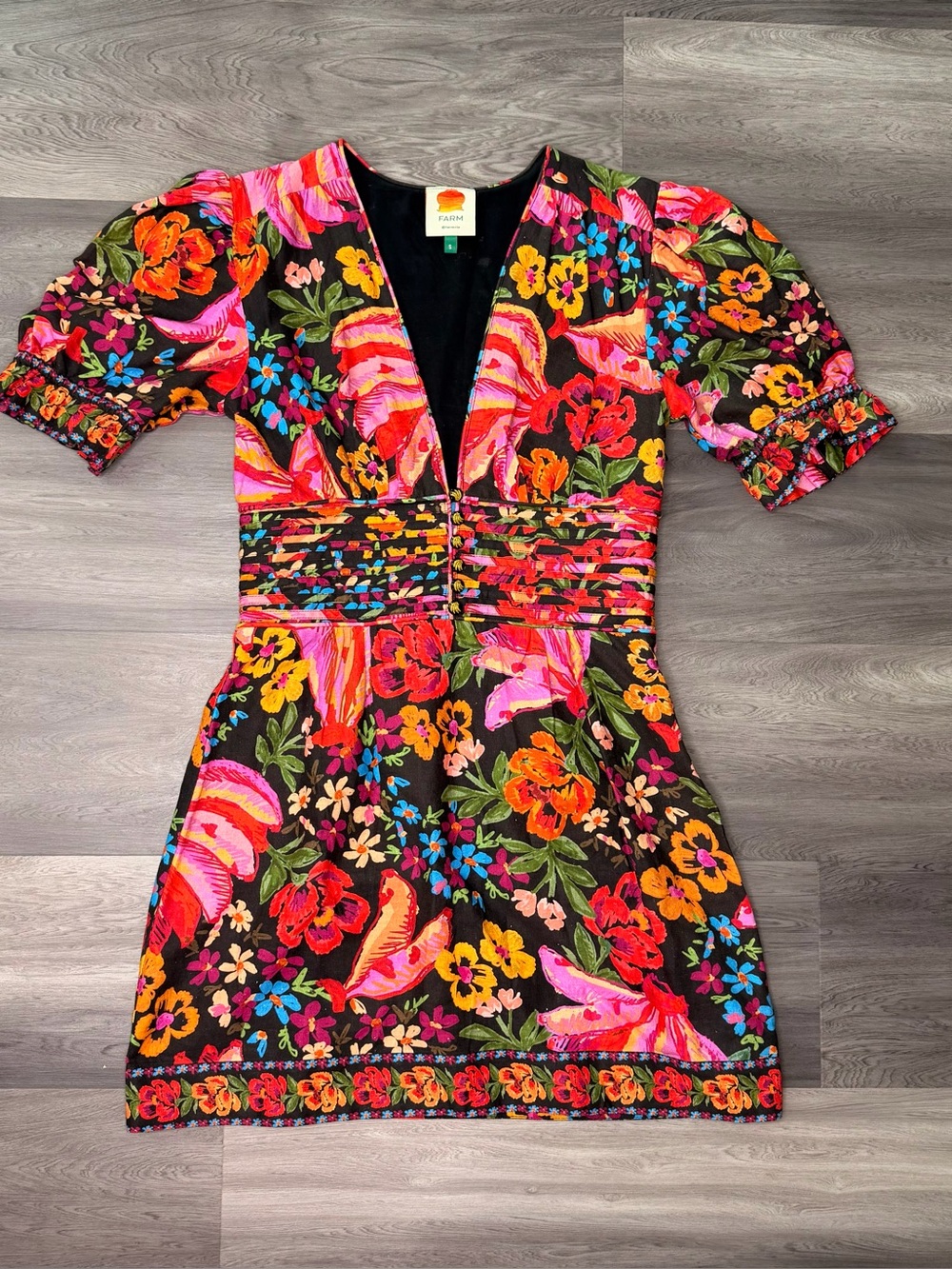 FARM Rio Black Floral Mini Banana Dress with Pink, Red and Yellow Accents